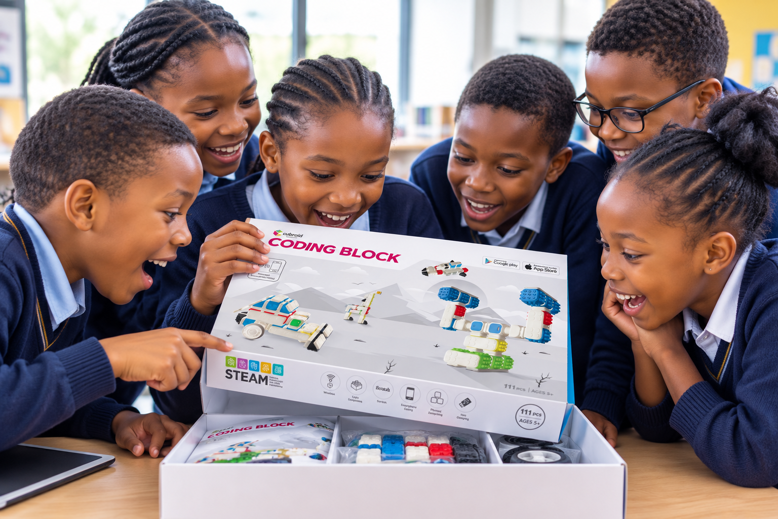 Learners on a coding and robotics education programme opening a Cubroid kit
